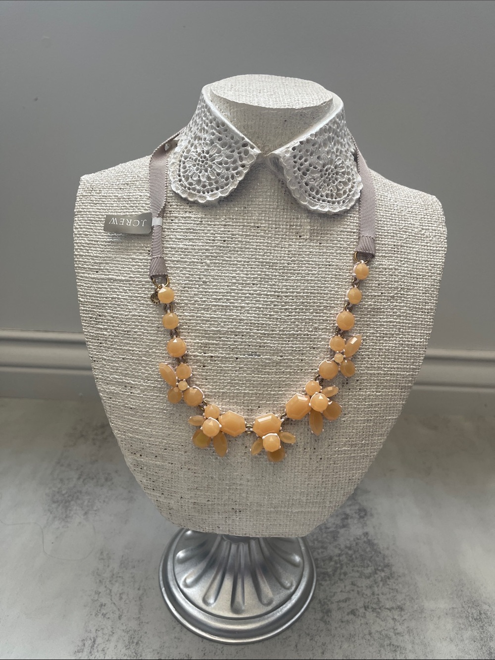 J. Crew Peach Floral Cluster Ribbon Tie Statement Necklace